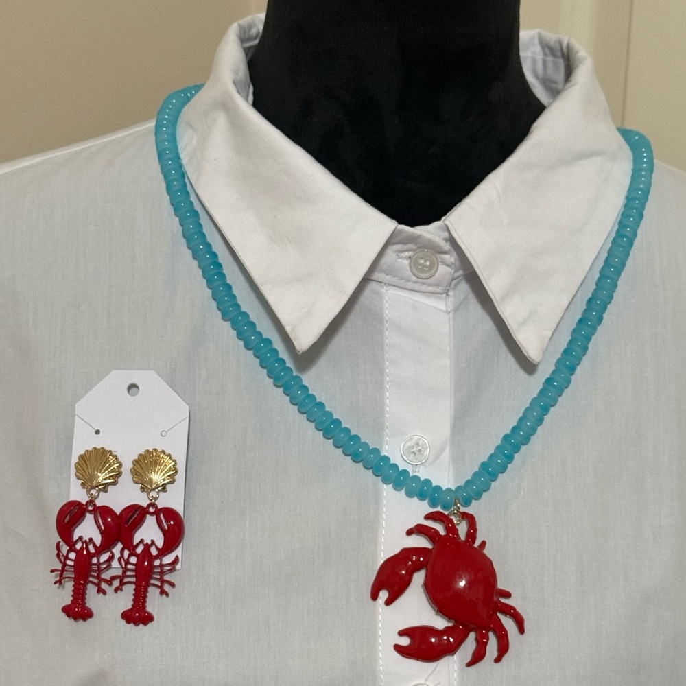 Red Crab Necklace and Lobster Earrings Set NEW - Picture 1 of 4